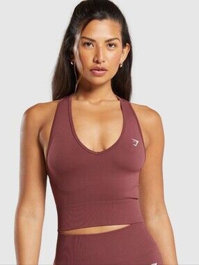 Gymshark Every Day Seamless V-Neck Sports Crop Tank Bra Burgundy Brown L